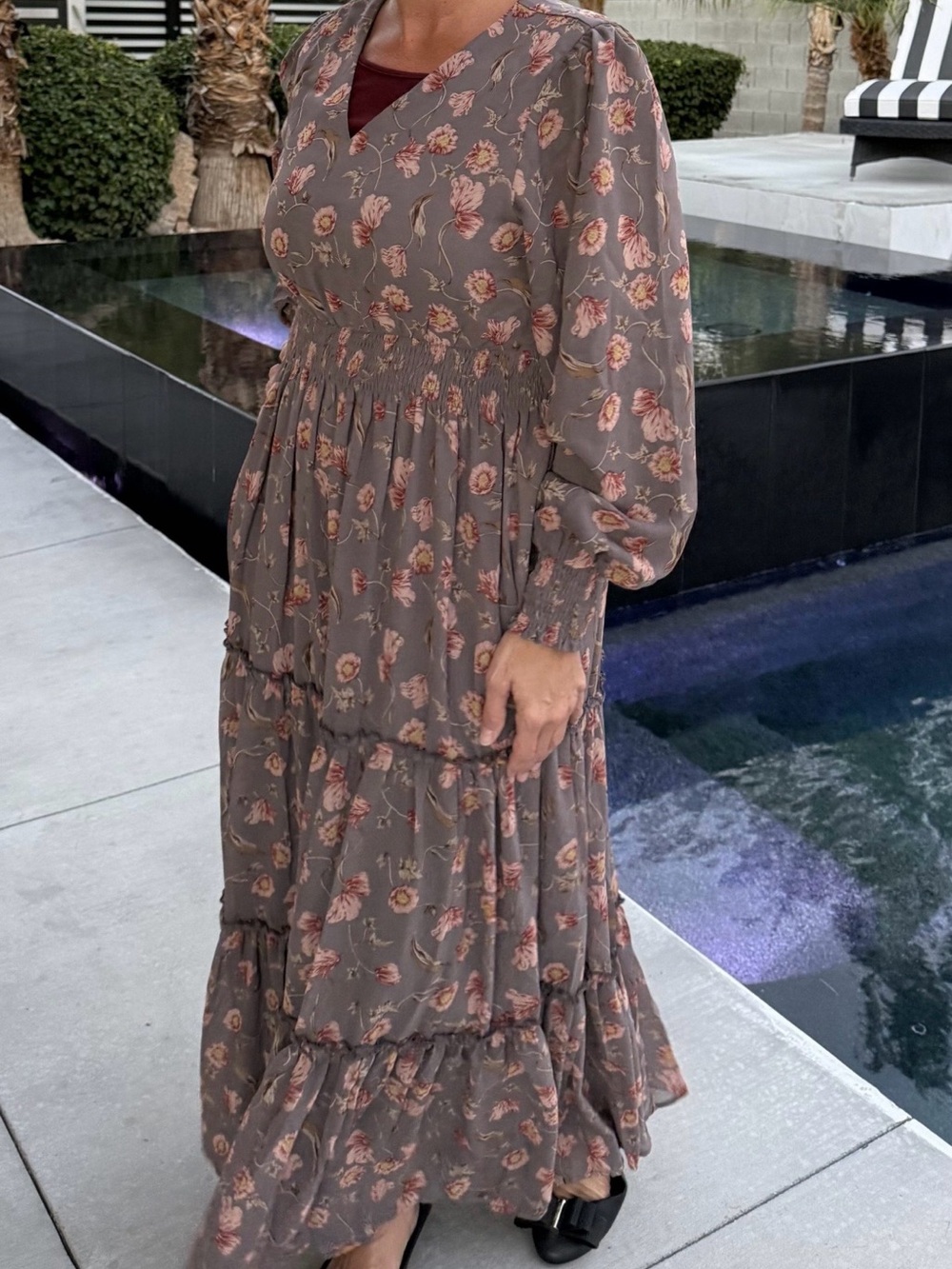 Modest Floral Tiered Long Sleeve Maxi Dress in Taupe Reg & Plus size S-2X